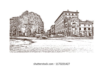 Building view with landmark of Bologna City in Italy. Hand drawn sketch illustration in vector.