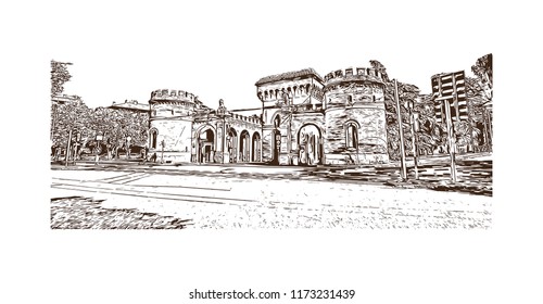 Building view with landmark of Bologna City in Italy. Hand drawn sketch illustration in vector.