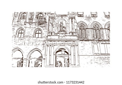 Building view with landmark of Bologna City in Italy. Hand drawn sketch illustration in vector.