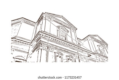 Building view with landmark of Bologna City in Italy. Hand drawn sketch illustration in vector.