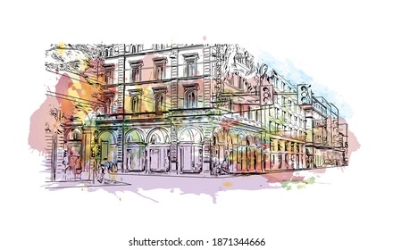 Building view with landmark of Bologna is the 
city of Italy. Watercolour splash with hand drawn sketch illustration in vector.