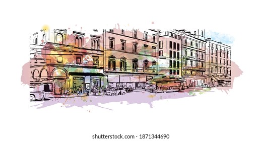 Building view with landmark of Bologna is the 
city of Italy. Watercolour splash with hand drawn sketch illustration in vector.