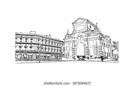 Building view with landmark of Bologna is the 
city of Italy. Hand drawn sketch illustration in vector.