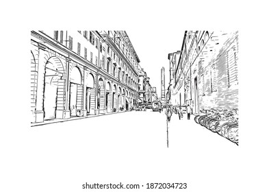 Building view with landmark of Bologna is the 
city of Italy. Hand drawn sketch illustration in vector.