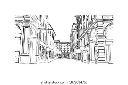 Building view with landmark of Bologna is the 
city of Italy. Hand drawn sketch illustration in vector.