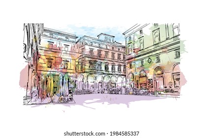 Building view with landmark of Bologna is the 
city in Italy. Watercolor splash with hand drawn sketch illustration in vector.