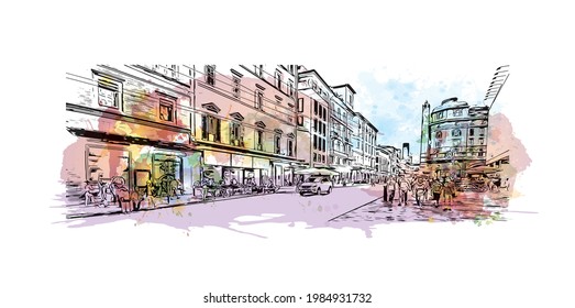 Building view with landmark of Bologna is the 
city in Italy. Watercolor splash with hand drawn sketch illustration in vector.