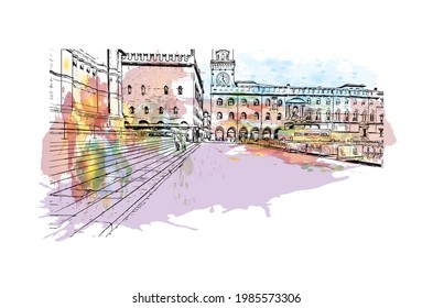 Building view with landmark of Bologna is the 
city in Italy. Watercolor splash with hand drawn sketch illustration in vector.