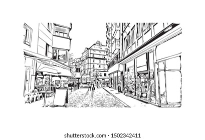 Building view with landmark of Bolzano is a city in the South Tyrol province of north Italy. Hand drawn sketch illustration in vector.