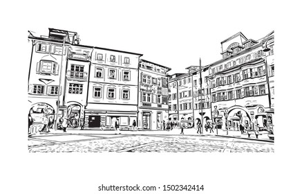 Building view with landmark of Bolzano is a city in the South Tyrol province of north Italy. Hand drawn sketch illustration in vector.