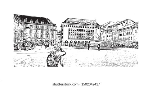 Building view with landmark of Bolzano is a city in the South Tyrol province of north Italy. Hand drawn sketch illustration in vector.