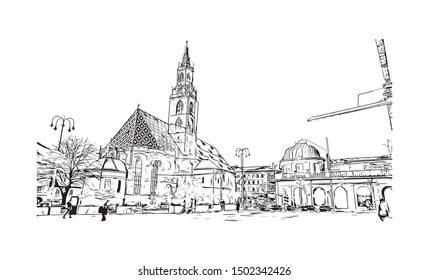 Building view with landmark of Bolzano is a city in the South Tyrol province of north Italy. Hand drawn sketch illustration in vector.