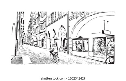 Building view with landmark of Bolzano is a city in the South Tyrol province of north Italy. Hand drawn sketch illustration in vector.