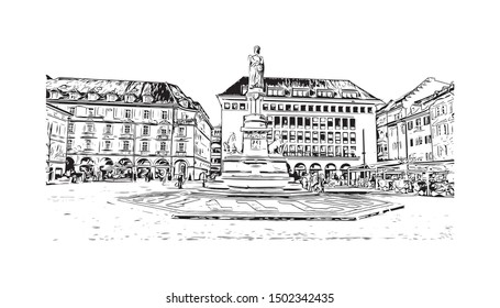 Building view with landmark of Bolzano is a city in the South Tyrol province of north Italy. Hand drawn sketch illustration in vector.