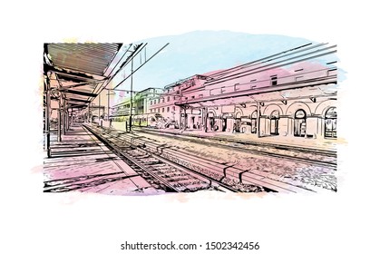 Building view with landmark of Bolzano is a city in the South Tyrol province of north Italy. Watercolor Hand drawn sketch illustration in vector.