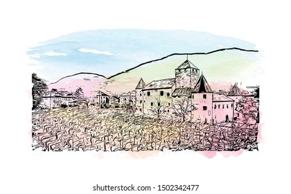 Building view with landmark of Bolzano is a city in the South Tyrol province of north Italy. Watercolor Hand drawn sketch illustration in vector.