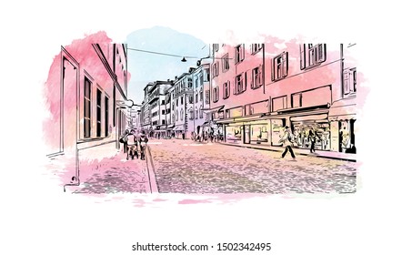 Building view with landmark of Bolzano is a city in the South Tyrol province of north Italy. Watercolor Hand drawn sketch illustration in vector.