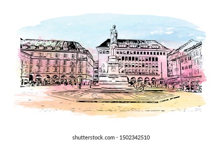 Building view with landmark of Bolzano is a city in the South Tyrol province of north Italy. Watercolor Hand drawn sketch illustration in vector.