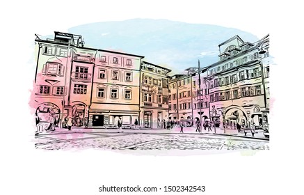 Building view with landmark of Bolzano is a city in the South Tyrol province of north Italy. Watercolor Hand drawn sketch illustration in vector.