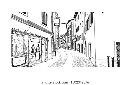 Building view with landmark of Bolzano is a city in the South Tyrol province of north Italy. Hand drawn sketch illustration in vector.