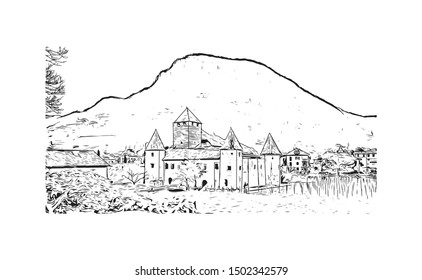 Building view with landmark of Bolzano is a city in the South Tyrol province of north Italy. Hand drawn sketch illustration in vector.