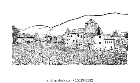 Building view with landmark of Bolzano is a city in the South Tyrol province of north Italy. Hand drawn sketch illustration in vector.