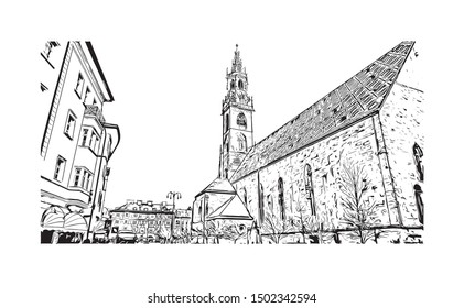 Building view with landmark of Bolzano is a city in the South Tyrol province of north Italy. Hand drawn sketch illustration in vector.