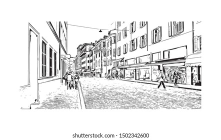 Building view with landmark of Bolzano is a city in the South Tyrol province of north Italy. Hand drawn sketch illustration in vector.