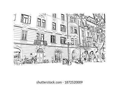 Building view with landmark of Bolzano is the 
city of Italy. Hand drawn sketch illustration in vector.