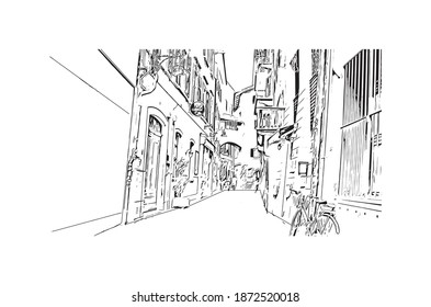 Building view with landmark of Bolzano is the 
city of Italy. Hand drawn sketch illustration in vector.