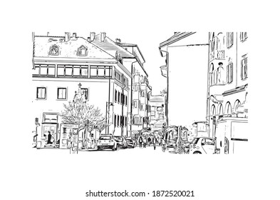 Building view with landmark of Bolzano is the 
city of Italy. Hand drawn sketch illustration in vector.