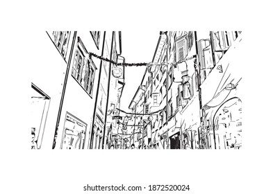 Building view with landmark of Bolzano is the 
city of Italy. Hand drawn sketch illustration in vector.