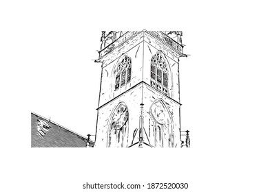 Building view with landmark of Bolzano is the 
city of Italy. Hand drawn sketch illustration in vector.