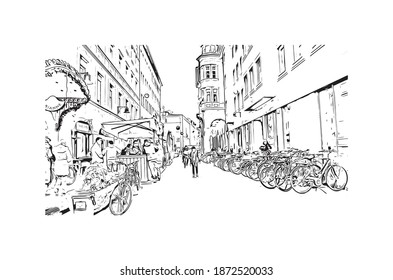 Building view with landmark of Bolzano is the 
city of Italy. Hand drawn sketch illustration in vector.