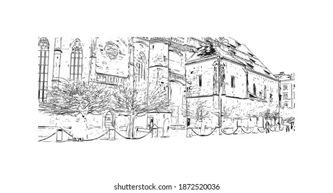 Building view with landmark of Bolzano is the 
city of Italy. Hand drawn sketch illustration in vector.