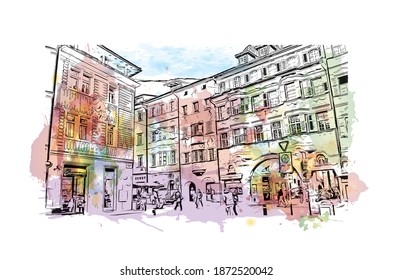 Building view with landmark of Bolzano is the 
city of Italy. Watercolour splash with hand drawn sketch illustration in vector.