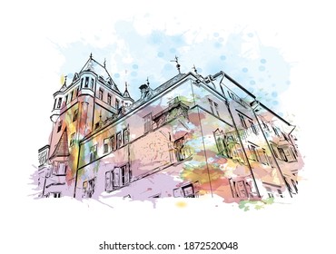 Building view with landmark of Bolzano is the 
city of Italy. Watercolour splash with hand drawn sketch illustration in vector.