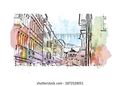 Building view with landmark of Bolzano is the 
city of Italy. Watercolour splash with hand drawn sketch illustration in vector.