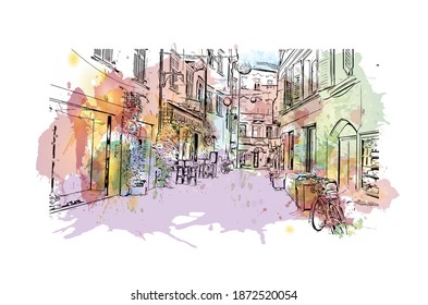 Building view with landmark of Bolzano is the 
city of Italy. Watercolour splash with hand drawn sketch illustration in vector.