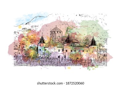 Building view with landmark of Bolzano is the 
city of Italy. Watercolour splash with hand drawn sketch illustration in vector.