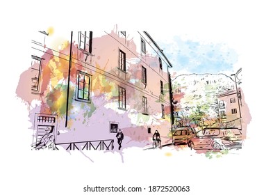 Building view with landmark of Bolzano is the 
city of Italy. Watercolour splash with hand drawn sketch illustration in vector.