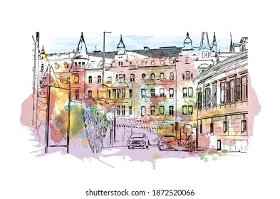 Building view with landmark of Bolzano is the 
city of Italy. Watercolour splash with hand drawn sketch illustration in vector.