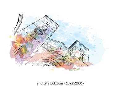 Building view with landmark of Bolzano is the 
city of Italy. Watercolour splash with hand drawn sketch illustration in vector.