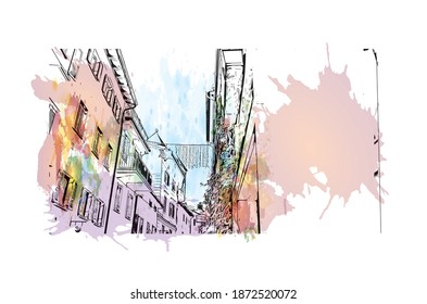 Building view with landmark of Bolzano is the 
city of Italy. Watercolour splash with hand drawn sketch illustration in vector.