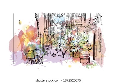 Building view with landmark of Bolzano is the 
city of Italy. Watercolour splash with hand drawn sketch illustration in vector.