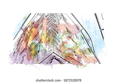 Building view with landmark of Bolzano is the 
city of Italy. Watercolour splash with hand drawn sketch illustration in vector.