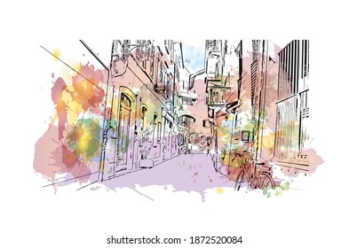 Building view with landmark of Bolzano is the 
city of Italy. Watercolour splash with hand drawn sketch illustration in vector.