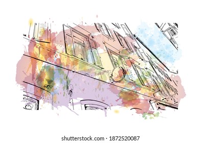 Building view with landmark of Bolzano is the 
city of Italy. Watercolour splash with hand drawn sketch illustration in vector.