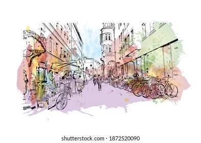 Building view with landmark of Bolzano is the 
city of Italy. Watercolour splash with hand drawn sketch illustration in vector.