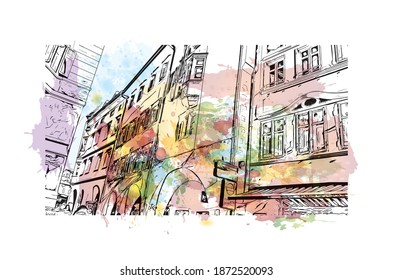 Building view with landmark of Bolzano is the 
city of Italy. Watercolour splash with hand drawn sketch illustration in vector.